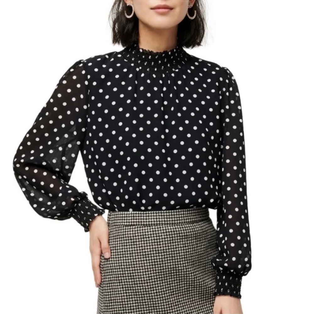 J.Crew Smocked Polka Dot Crinkle Chiffon Top Size Small Polka Dot Black Blouse